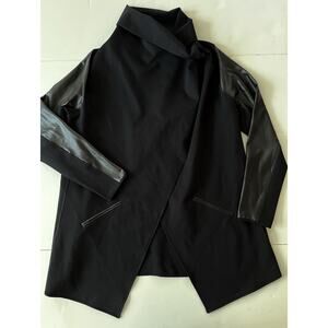 SPANX Faux Leather Convertible Jacket Women L Black Snap Drape Front Stretch